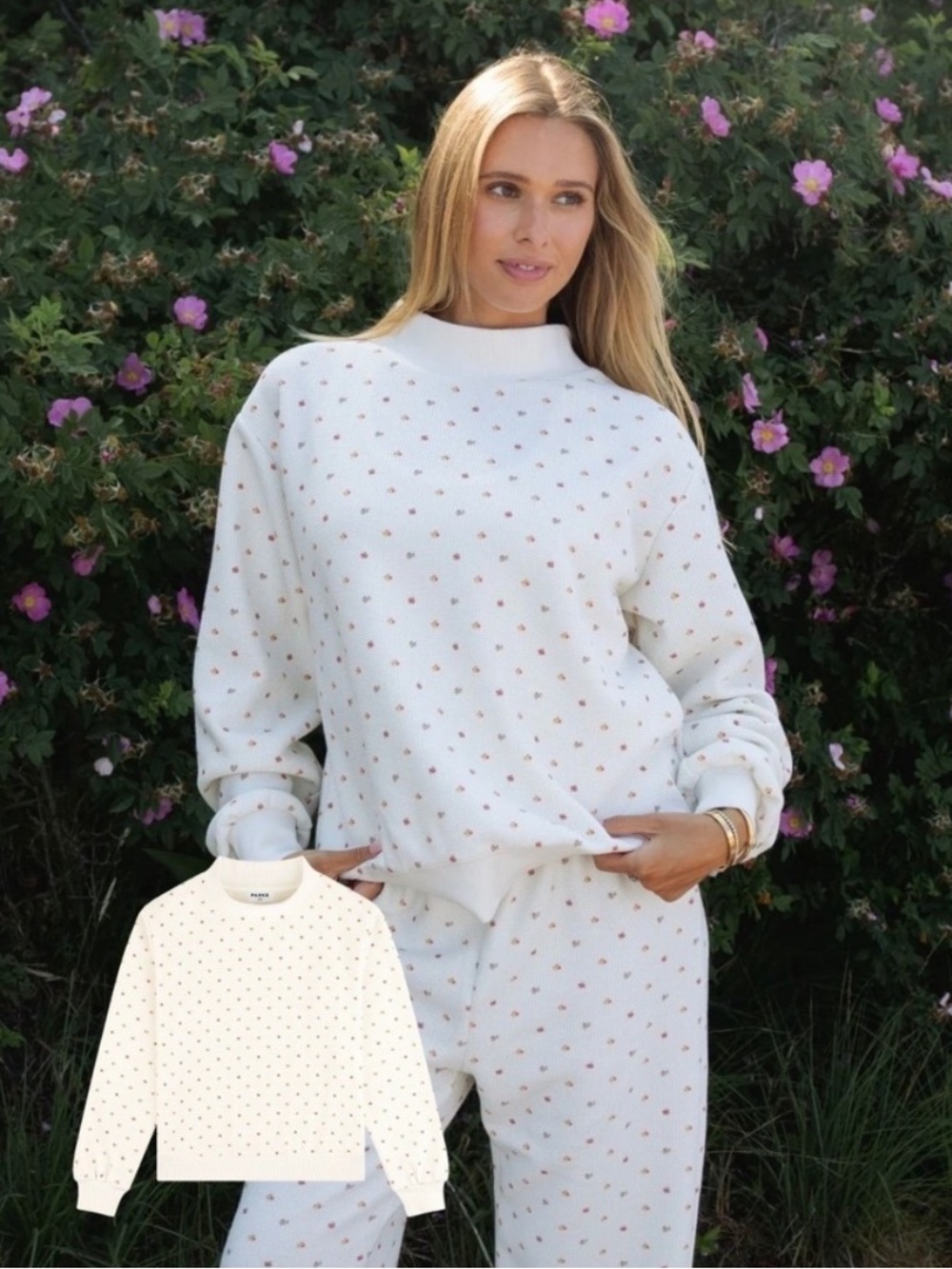 NWT Waffle-Knit Mockneck Sweatshirt in Cream with Pink Dot Print